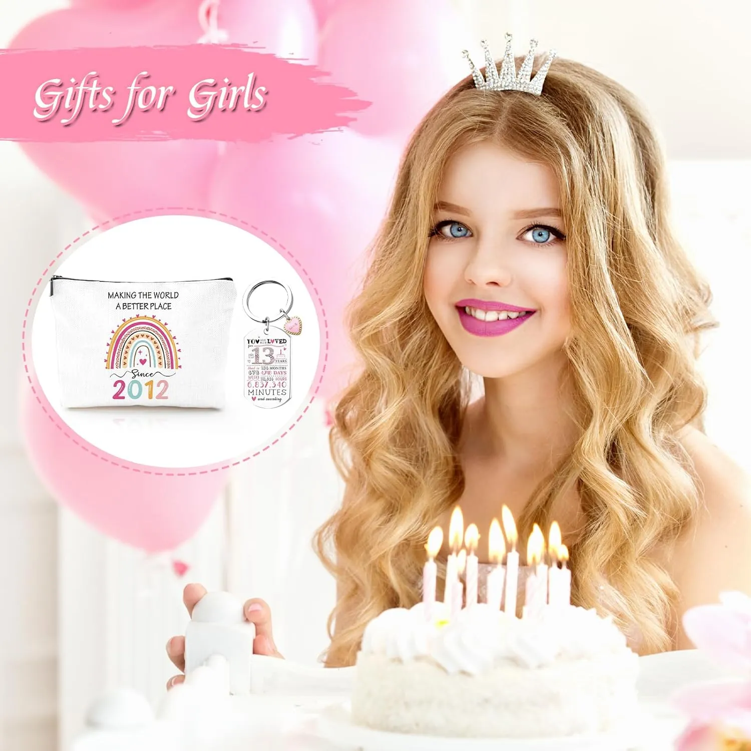 13th Birthday Gifts for Girls - 2012 Birthday Makeup Bag, You Have Been Loved For 13 Years Keychain, Healing Bracelets with Heart Charm, 13 Year Old Birthborn Gift Ideas for Daughter Niece