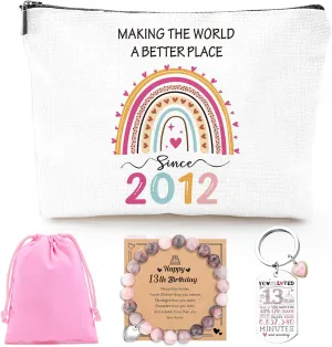 13th Birthday Gifts for Girls - 2012 Birthday Makeup Bag, You Have Been Loved For 13 Years Keychain, Healing Bracelets with Heart Charm, 13 Year Old Birthborn Gift Ideas for Daughter Niece