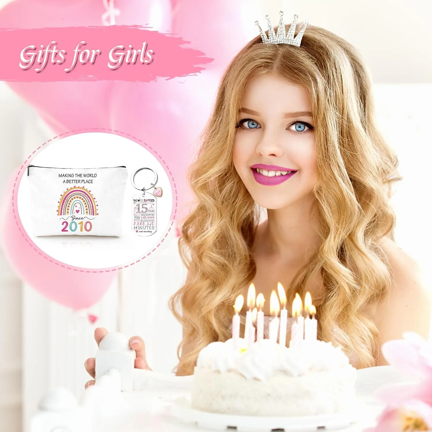 15th Birthday Gifts for Teen Girls - 2010 Birthday Makeup Bag, You Have Been Loved For 15 Years Keychain, Sweet Healing Bracelets, 15 Year Old Birthday Gift Ideas for Daughter Granddaughter