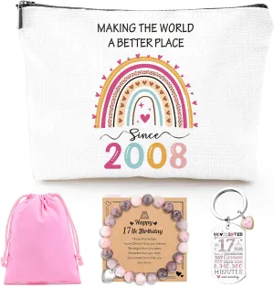17th Birthday Gifts for Girls - 2008 Birthday Makeup Bag, You Have Been Loved For 17 Years Keychain,Sweet Healing Bracelets, 17 Year Old Birth Gift Ideas for Daughter Granddaughter