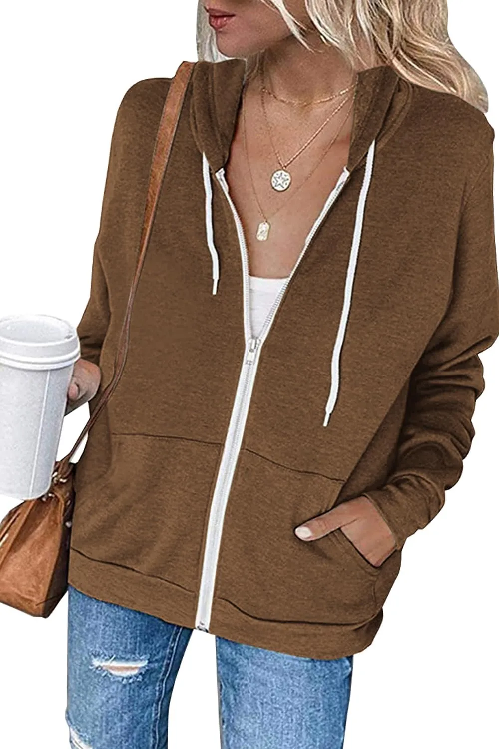 2023 Women's Casual Long Sleeve Sweatshirts Zip Up Zipper Hoodies Fashion Hooded Jackets with Pockets