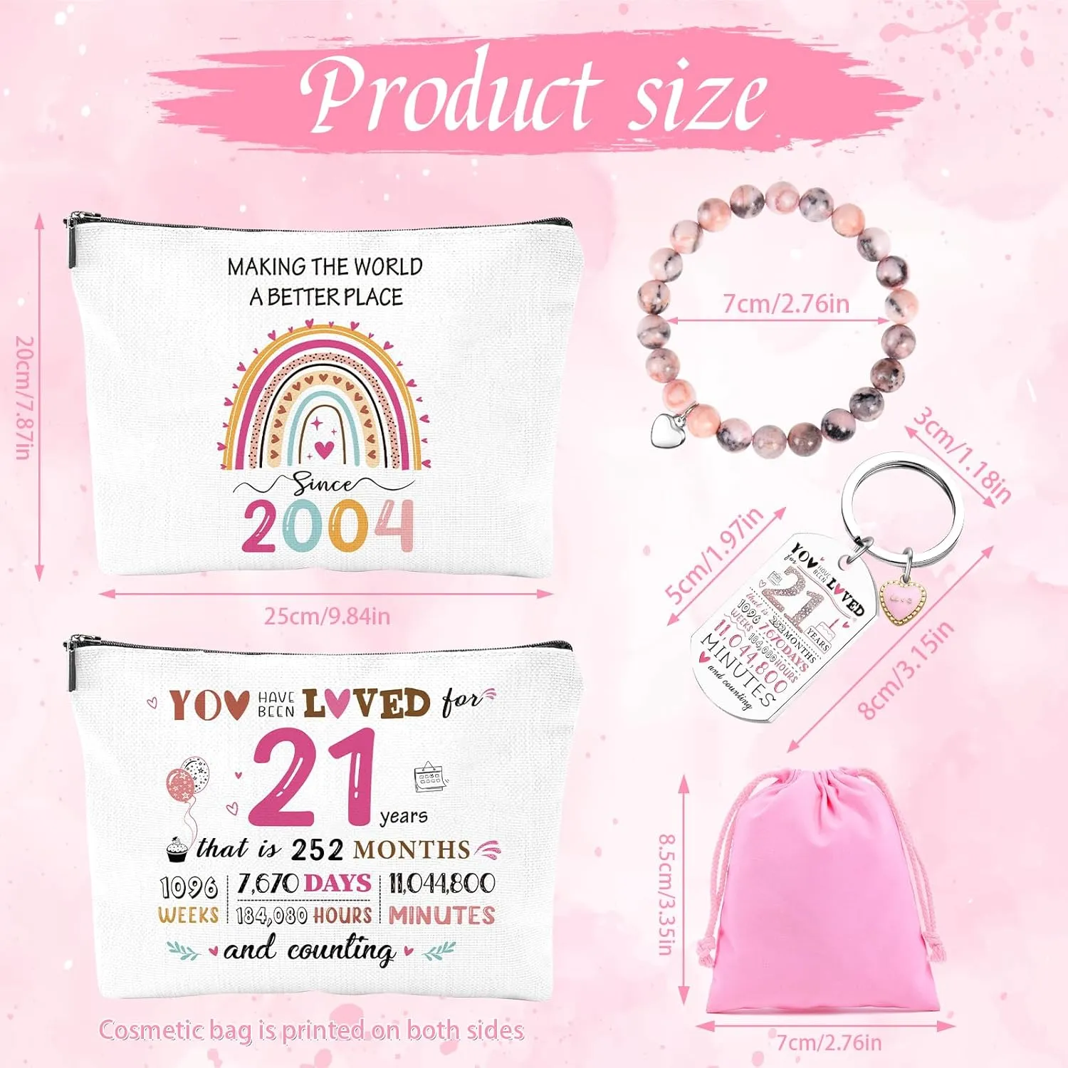 21st Birthday Gifts for Her - 2004 Birthday Makeup Bag, You Have Been Loved For 21 Years Keychain, Healing Bracelets with Heart Charm, 21 Year Old Birthday Gift Ideas for Daughter Sister