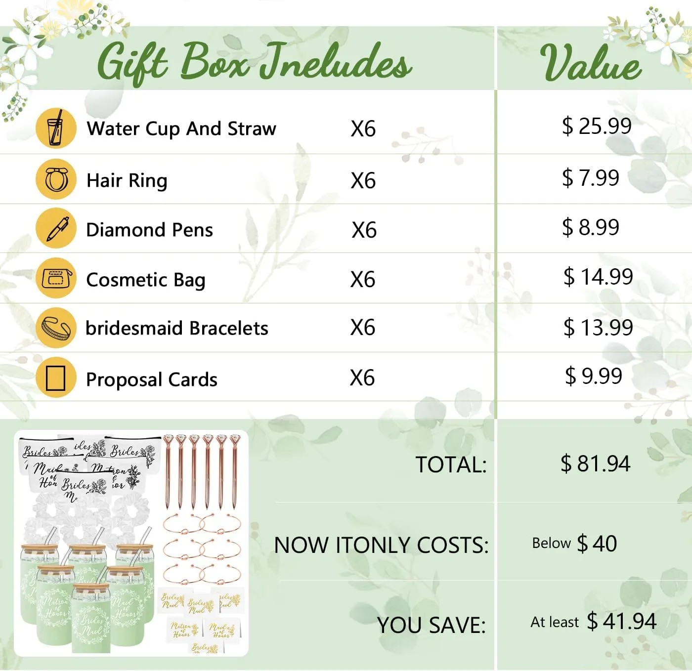 36Pcs Bridesmaid Proposal Gifts,Maid of Honor Gifts Matron of Honor Gifts,include 16oz Glass Cups Makeup Bags Scrunchies Knot Bracelets Bridesmaid Cards Diamond Pens for Wedding