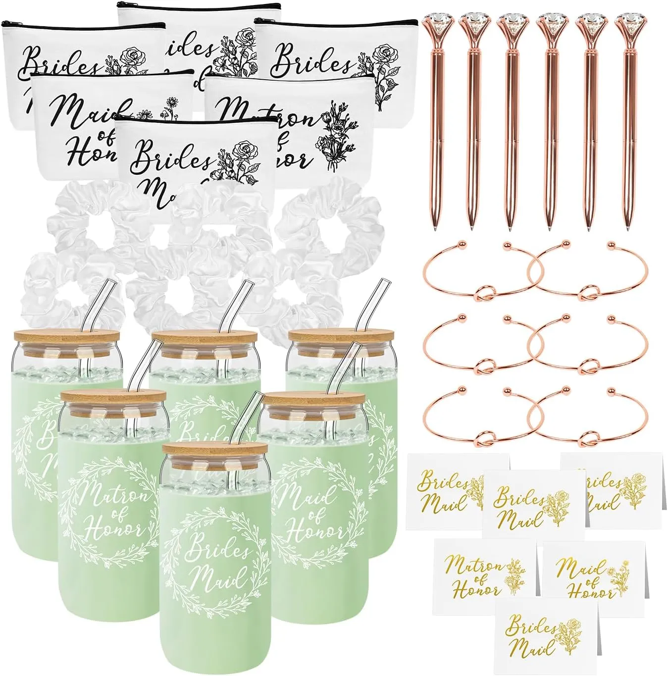 36Pcs Bridesmaid Proposal Gifts,Maid of Honor Gifts Matron of Honor Gifts,include 16oz Glass Cups Makeup Bags Scrunchies Knot Bracelets Bridesmaid Cards Diamond Pens for Wedding
