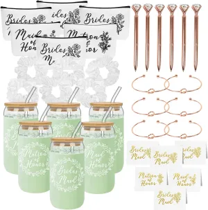 36Pcs Bridesmaid Proposal Gifts,Maid of Honor Gifts Matron of Honor Gifts,include 16oz Glass Cups Makeup Bags Scrunchies Knot Bracelets Bridesmaid Cards Diamond Pens for Wedding