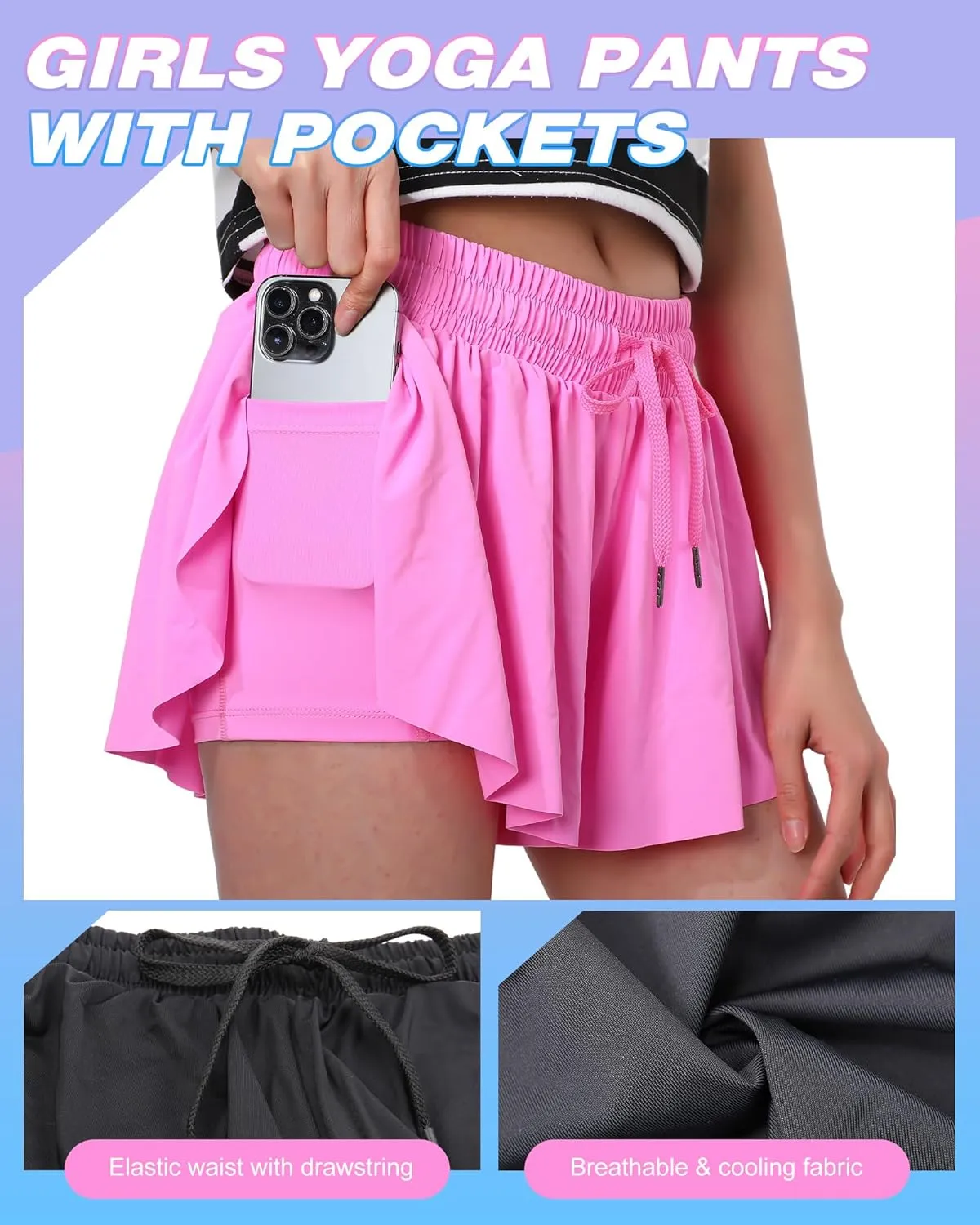 4 Pack Girls 2 in 1 Flowy Running Shorts with Pockets Teen Kids Butterfly Gym Shorts Summer Women Workout Yoga