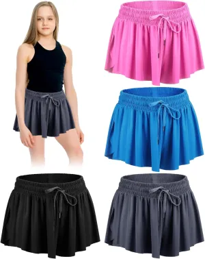 4 Pack Girls 2 in 1 Flowy Running Shorts with Pockets Teen Kids Butterfly Gym Shorts Summer Women Workout Yoga