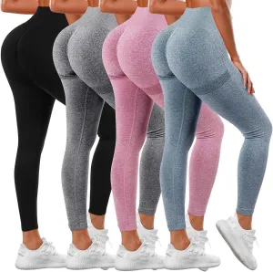 4 Pack Women Butt Lifting Workout Leggings, High Waist Seamless Gym Legging Yoga Scrunch Pants
