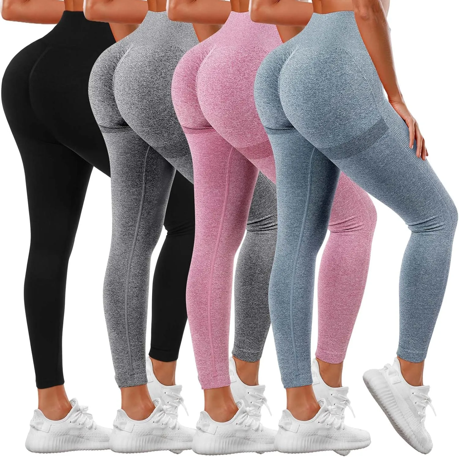 4 Pack Women Butt Lifting Workout Leggings, High Waist Seamless Gym Legging Yoga Scrunch Pants