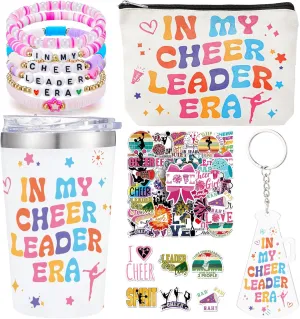 5Pcs Cheerleader Gifts Set for Women Including 12oz Cheer Tumbler, Makeup Bags, 5 Cheerleading Bracelet, Stickers, Keychain for Cheer Team & Lovers