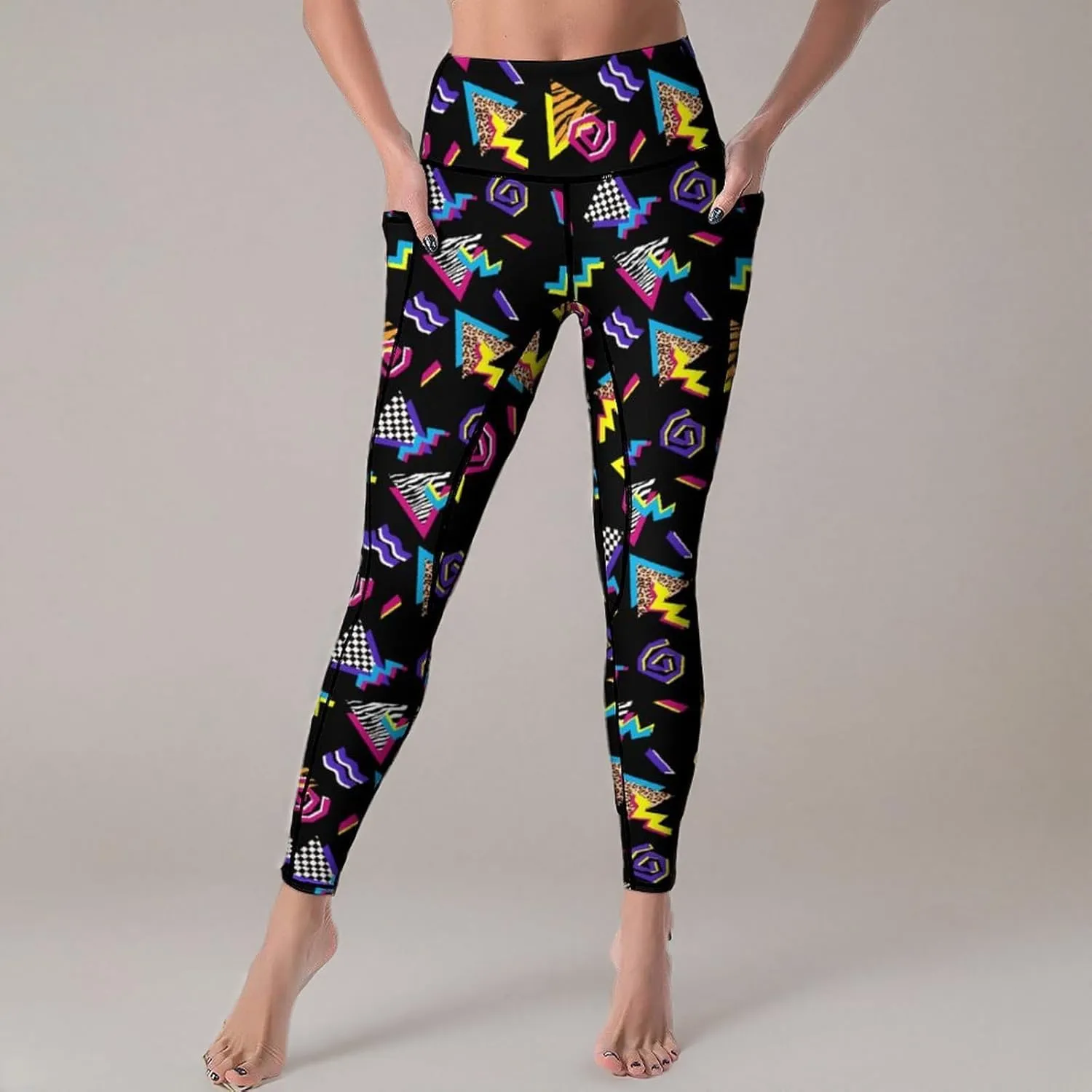 80s Women's High Waist Tummy Control Yoga Pants 90s with Pockets Sports Fitness Leggings
