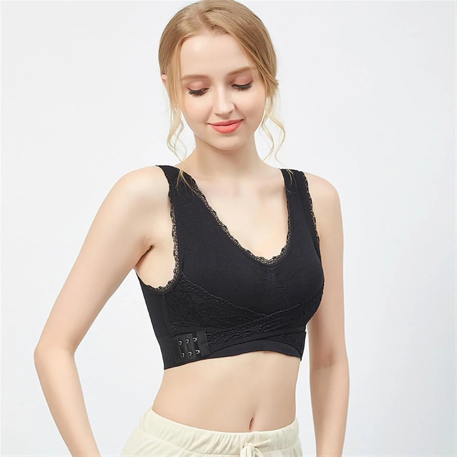 Adjustable Sport Camisole Bras for Elderly Women Pack of 4, Side Buckle Lace Plus Size Bandeau Bra Crop Tops