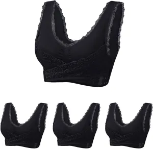 Adjustable Sport Camisole Bras for Elderly Women Pack of 4, Side Buckle Lace Plus Size Bandeau Bra Crop Tops