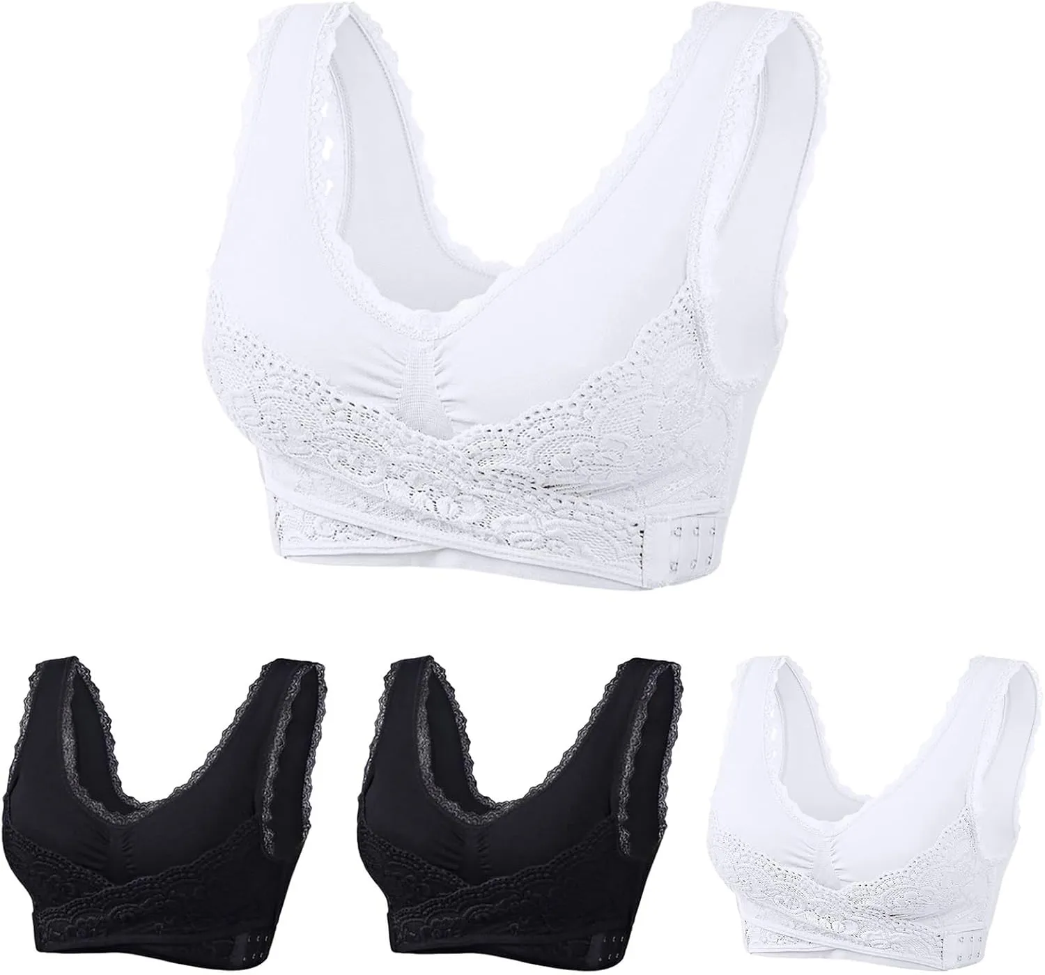 Adjustable Sport Camisole Bras for Elderly Women Pack of 4, Side Buckle Lace Plus Size Bandeau Bra Crop Tops