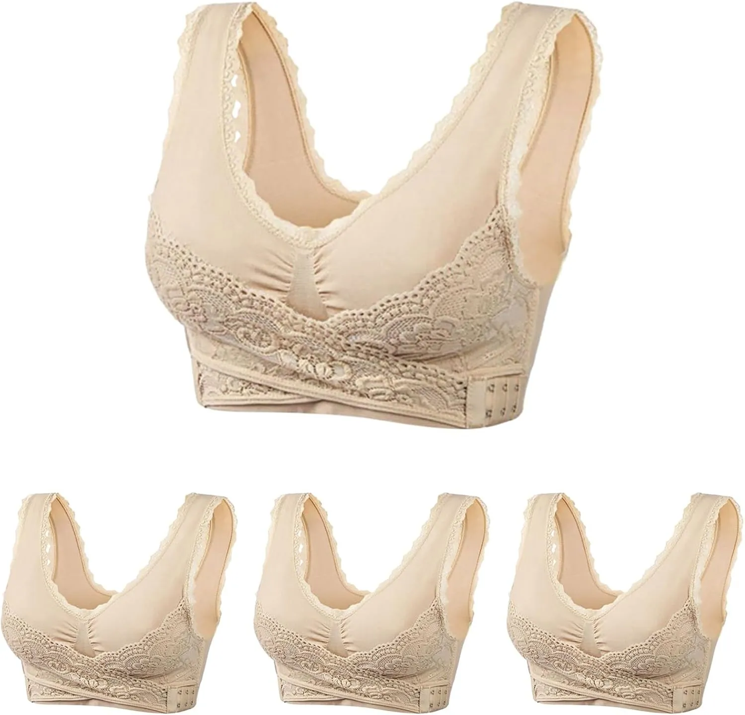 Adjustable Sport Camisole Bras for Elderly Women Pack of 4, Side Buckle Lace Plus Size Bandeau Bra Crop Tops