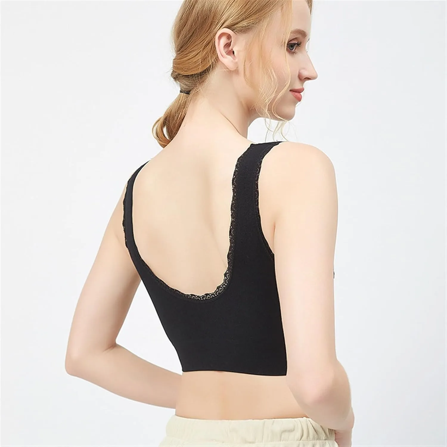 Adjustable Sport Camisole Bras for Elderly Women Pack of 4, Side Buckle Lace Plus Size Bandeau Bra Crop Tops