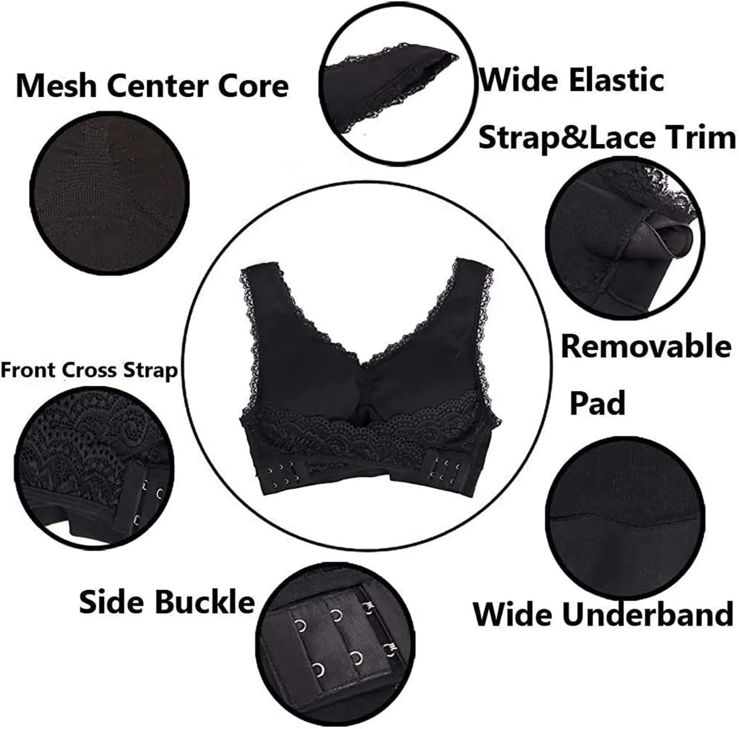 Adjustable Sport Camisole Bras for Elderly Women Pack of 4, Side Buckle Lace Plus Size Bandeau Bra Crop Tops