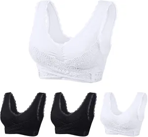 Adjustable Sport Camisole Bras for Elderly Women Pack of 4, Side Buckle Lace Plus Size Bandeau Bra Crop Tops