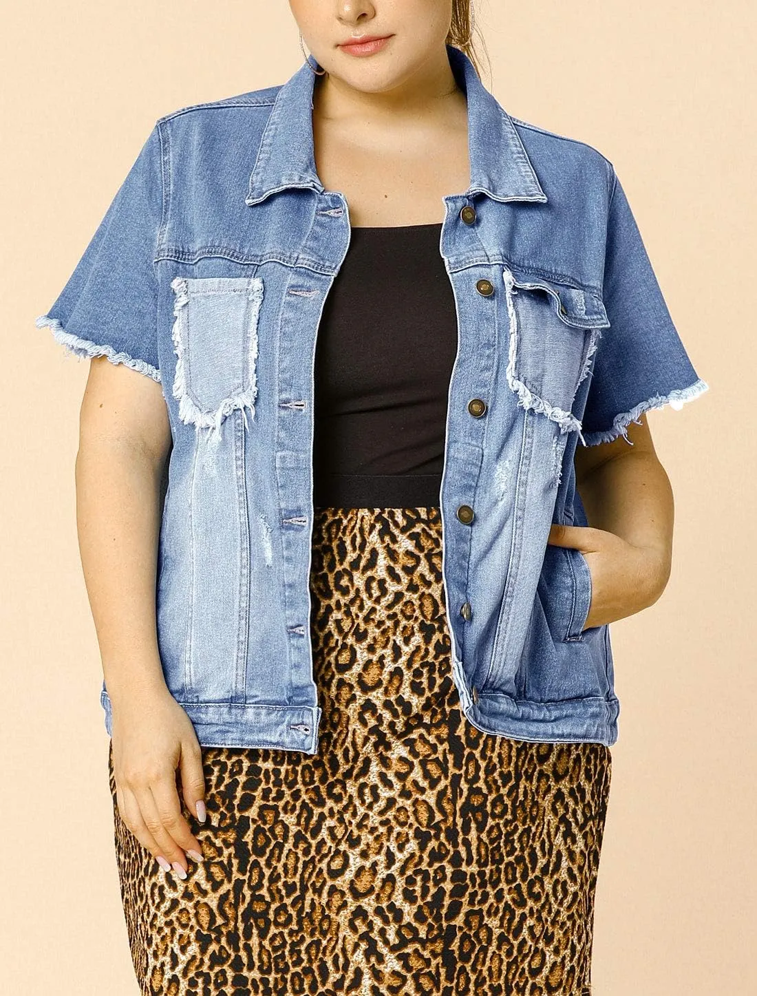 Agnes Orinda Plus Size Women's Denim Jackets Button Washed Frayed Jean Short Denim Jacket 2024 Summer