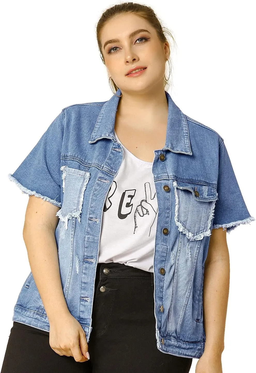 Agnes Orinda Plus Size Women's Denim Jackets Button Washed Frayed Jean Short Denim Jacket 2024 Summer