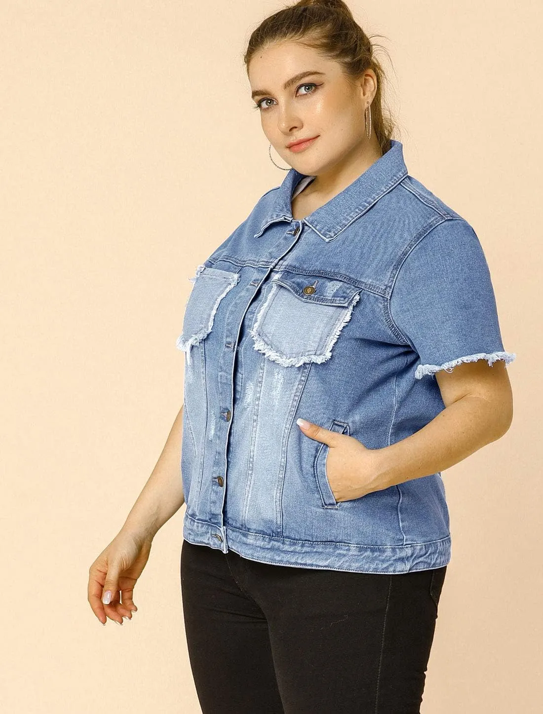 Agnes Orinda Plus Size Women's Denim Jackets Button Washed Frayed Jean Short Denim Jacket 2024 Summer