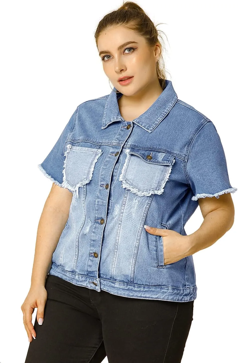 Agnes Orinda Plus Size Women's Denim Jackets Button Washed Frayed Jean Short Denim Jacket 2024 Summer