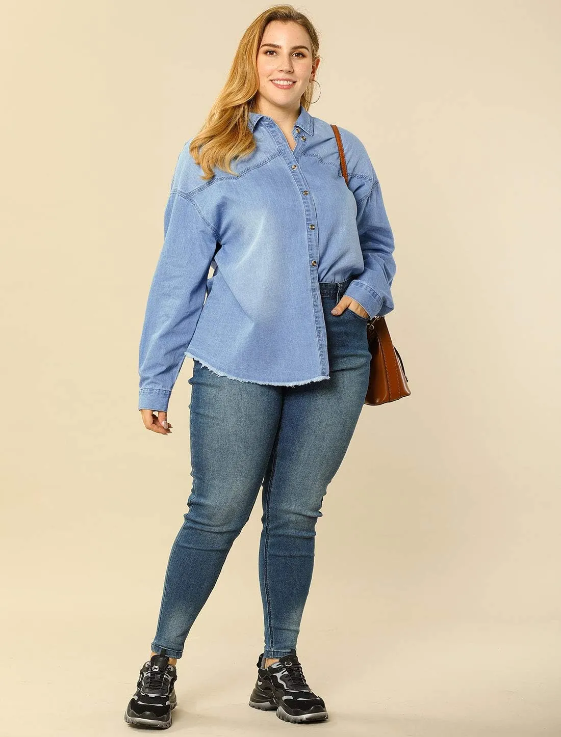 Agnes Orinda Women's Plus Size Shirts Button Down Shirt Work Cotton Casual Denim Jackets Casual 2024