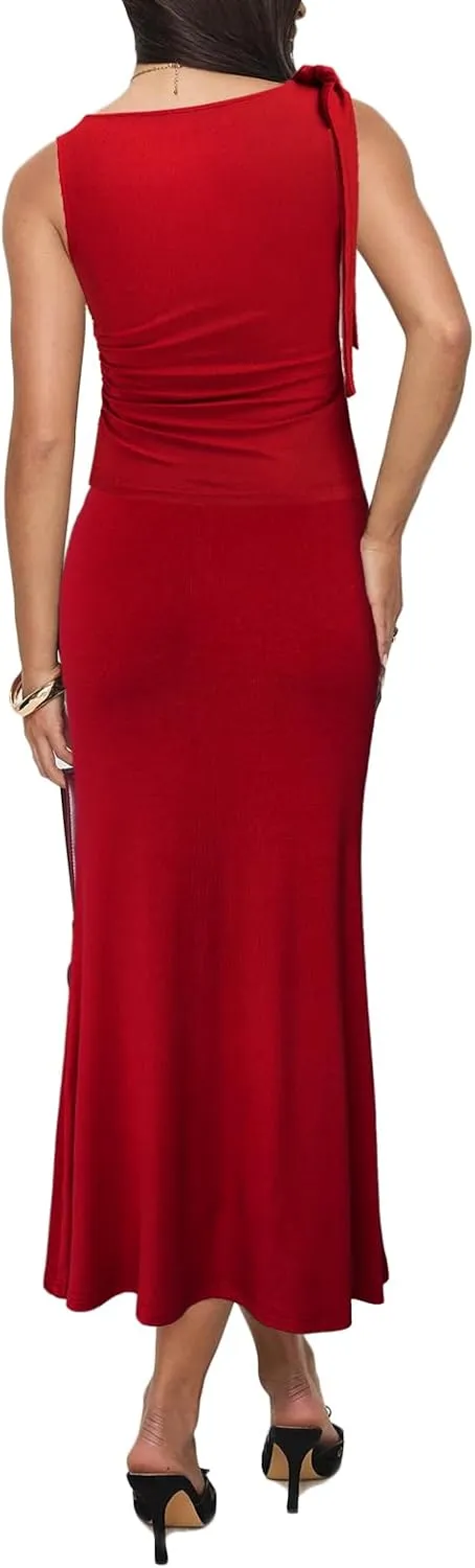 Aisbei Womens 2 Piece Outfits Sleeveless Tie Shoulder Ruched Tank Crop Top High Waist Maxi Skirt Set Long Dress