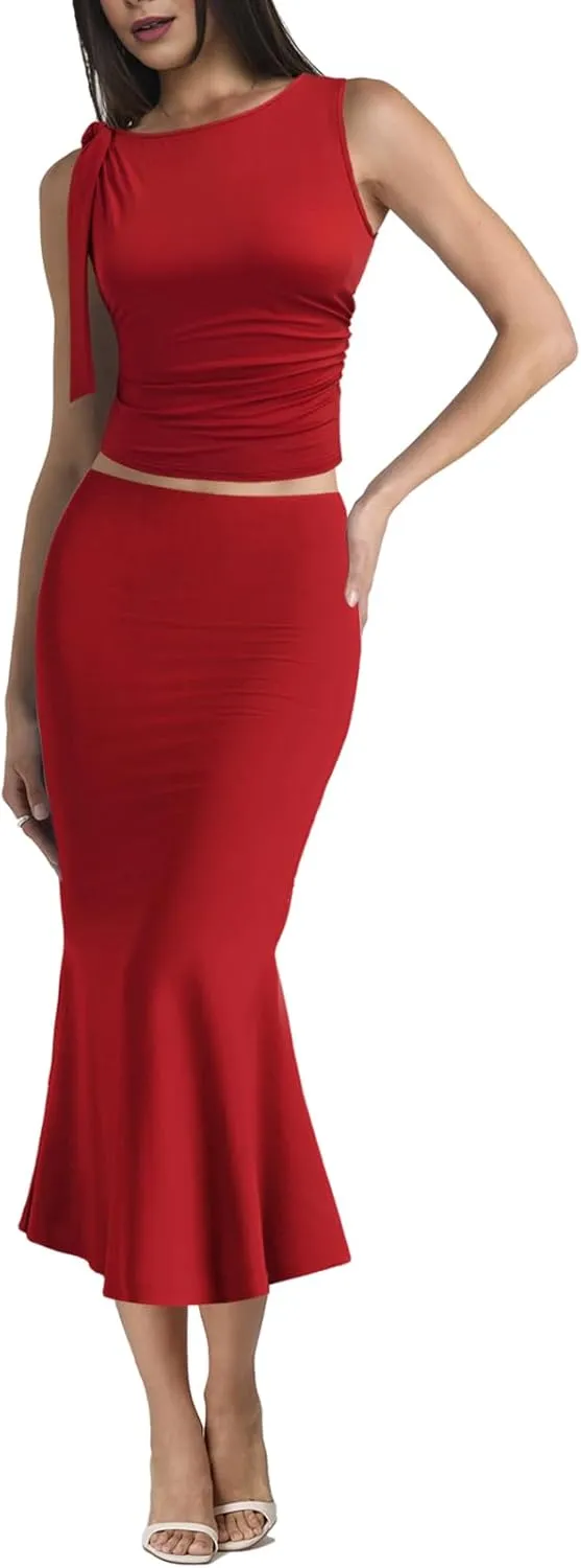 Aisbei Womens 2 Piece Outfits Sleeveless Tie Shoulder Ruched Tank Crop Top High Waist Maxi Skirt Set Long Dress