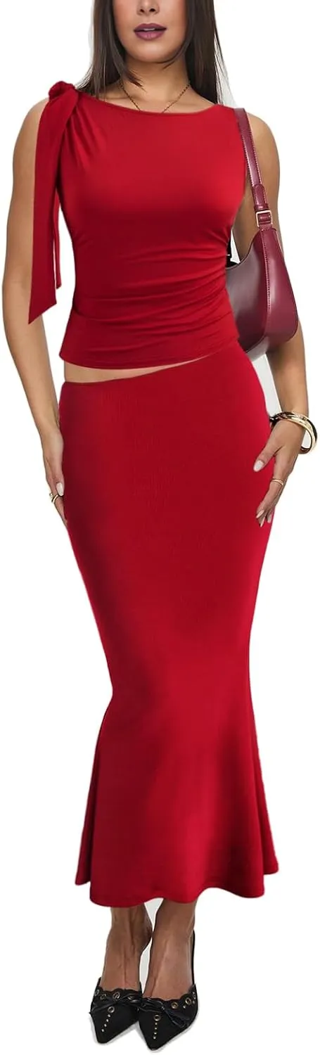Aisbei Womens 2 Piece Outfits Sleeveless Tie Shoulder Ruched Tank Crop Top High Waist Maxi Skirt Set Long Dress