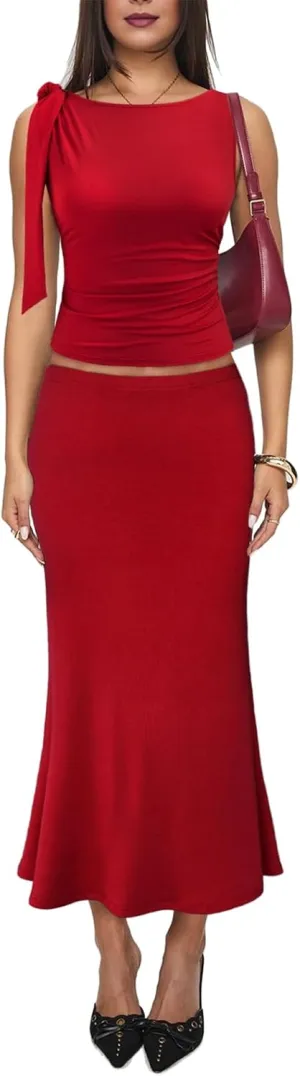Aisbei Womens 2 Piece Outfits Sleeveless Tie Shoulder Ruched Tank Crop Top High Waist Maxi Skirt Set Long Dress