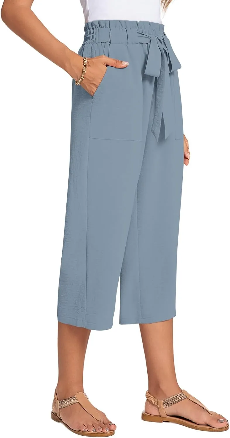 ALIGADUO Womens Capri Pants Casual Wide Leg Pants Loose High Waist Lounge Pants with Pockets