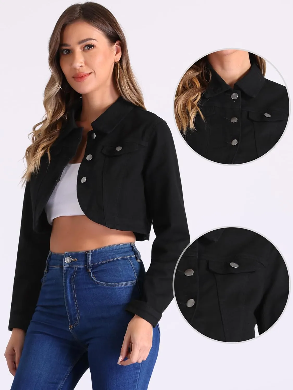 Allegra K Casual Denim Jacket for Women's Collared Button Down Long Sleeve Crop Jean Jackets