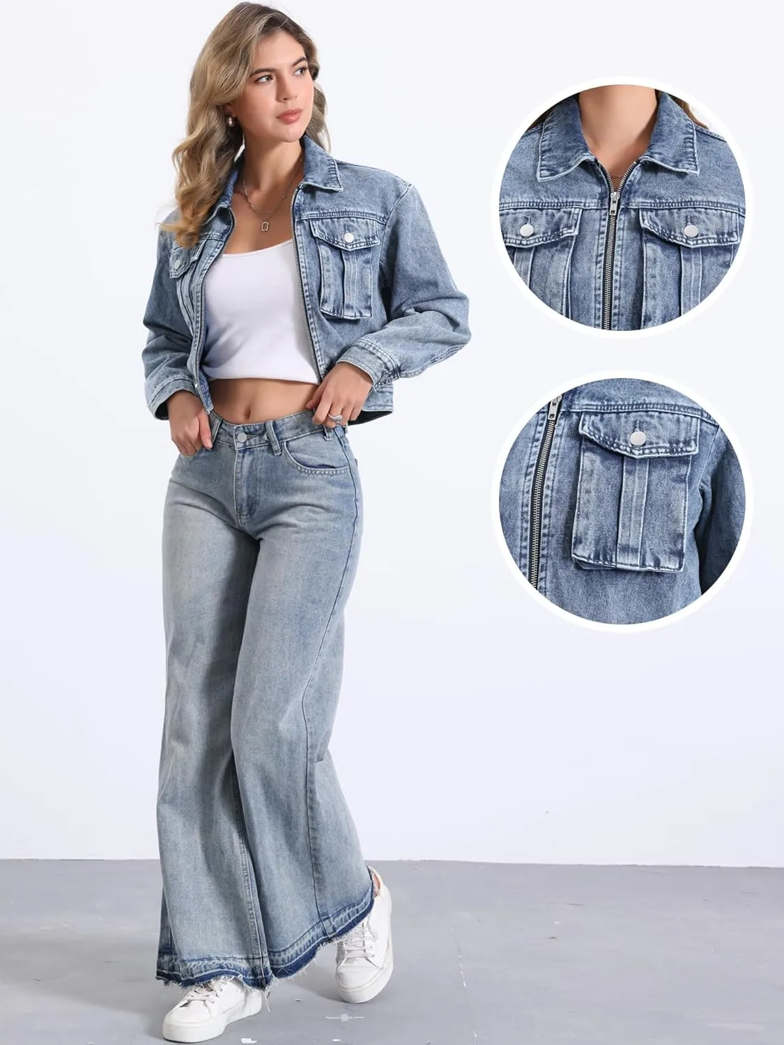 Allegra K Cropped Denim Jacket for Women's Zip Up Long Sleeves Pockets Casual Jean Jackets