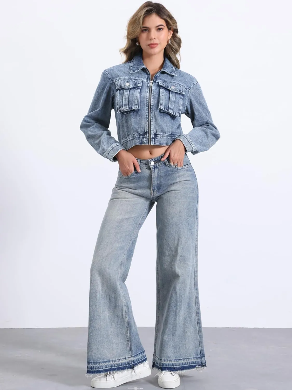 Allegra K Cropped Denim Jacket for Women's Zip Up Long Sleeves Pockets Casual Jean Jackets