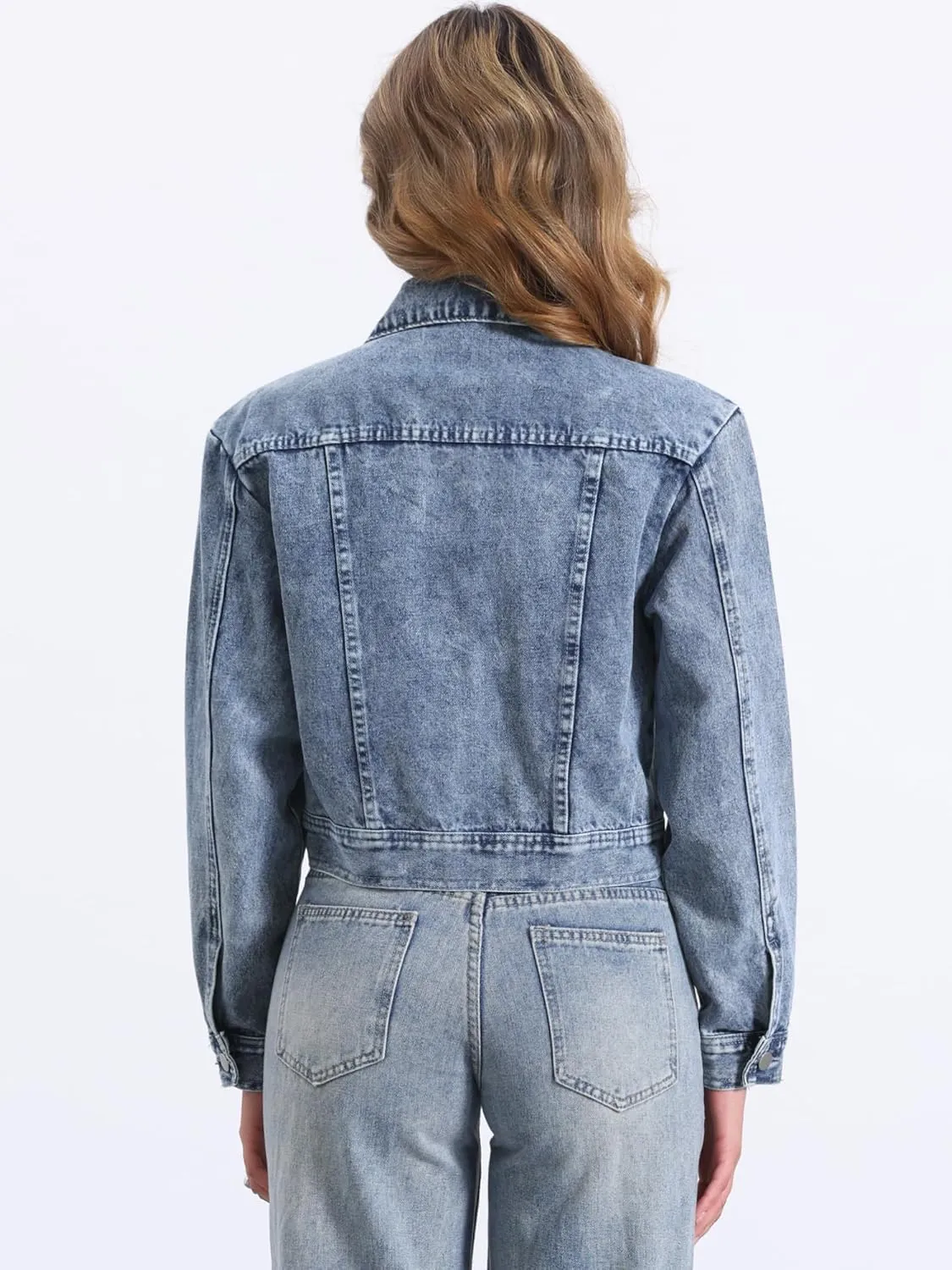 Allegra K Cropped Denim Jacket for Women's Zip Up Long Sleeves Pockets Casual Jean Jackets