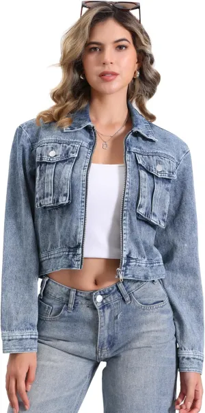 Allegra K Cropped Denim Jacket for Women's Zip Up Long Sleeves Pockets Casual Jean Jackets