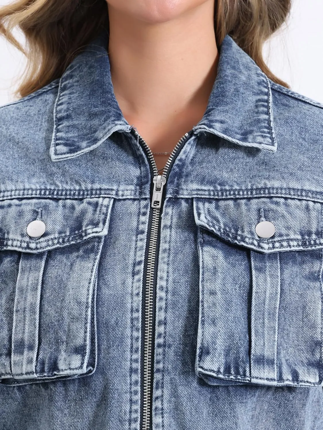 Allegra K Cropped Denim Jacket for Women's Zip Up Long Sleeves Pockets Casual Jean Jackets