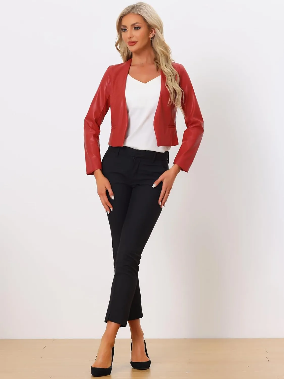 Allegra K Faux Leather Crop Blazer for Women's Collarless Open Front PU Moto Biker Jackets