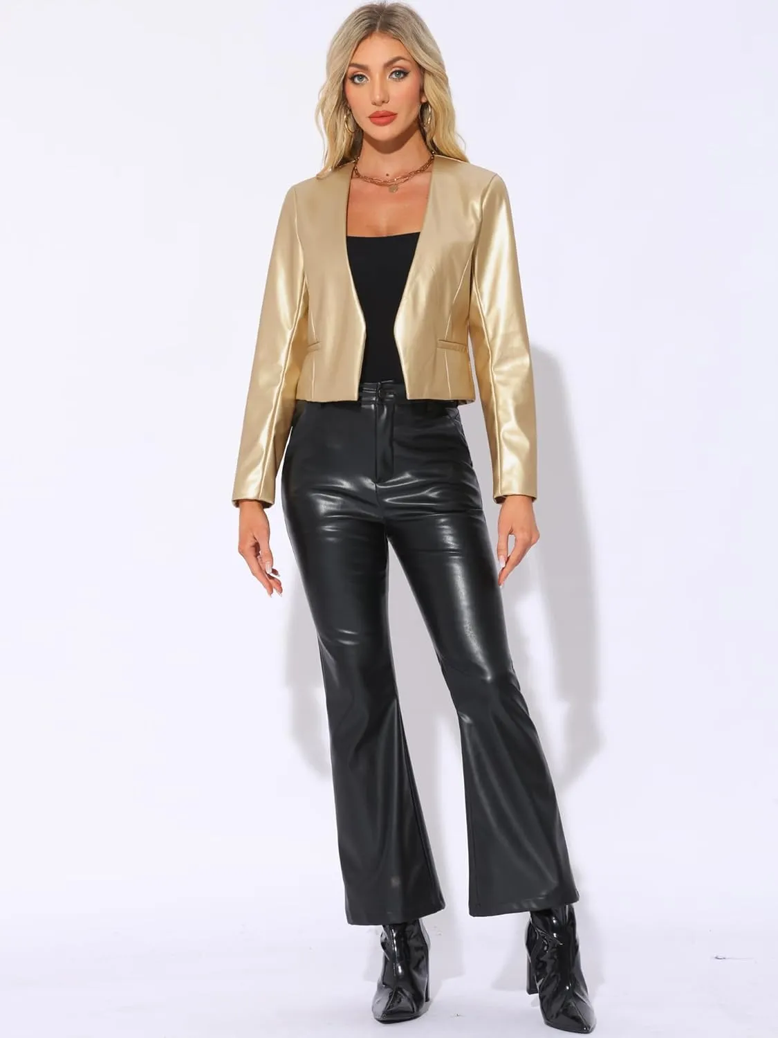 Allegra K Faux Leather Crop Blazer for Women's Collarless Open Front PU Moto Biker Jackets