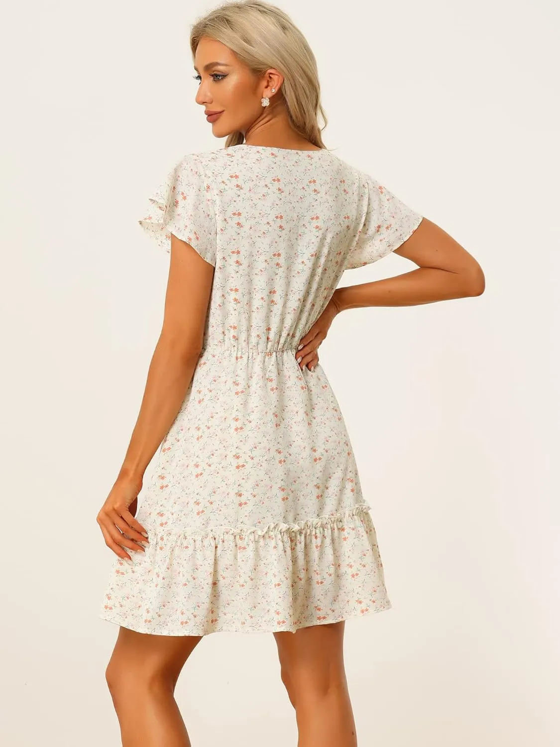 Allegra K Floral Peasant Mini Dress for Women's V Neck Tiered Hem Ruffle Sleeve A-Line Sundress