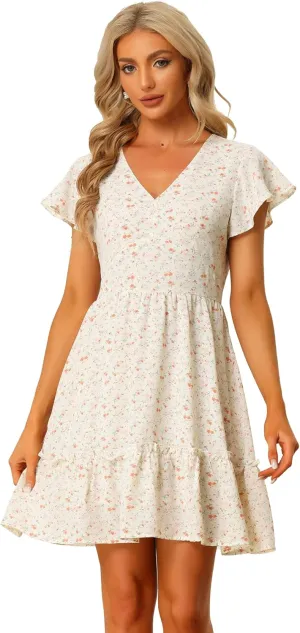 Allegra K Floral Peasant Mini Dress for Women's V Neck Tiered Hem Ruffle Sleeve A-Line Sundress