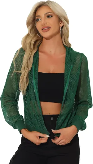 Allegra K Hoodie Jacket for Women's 2024 Zip Up Long Sleeve Mesh Sheer Bomber Jackets
