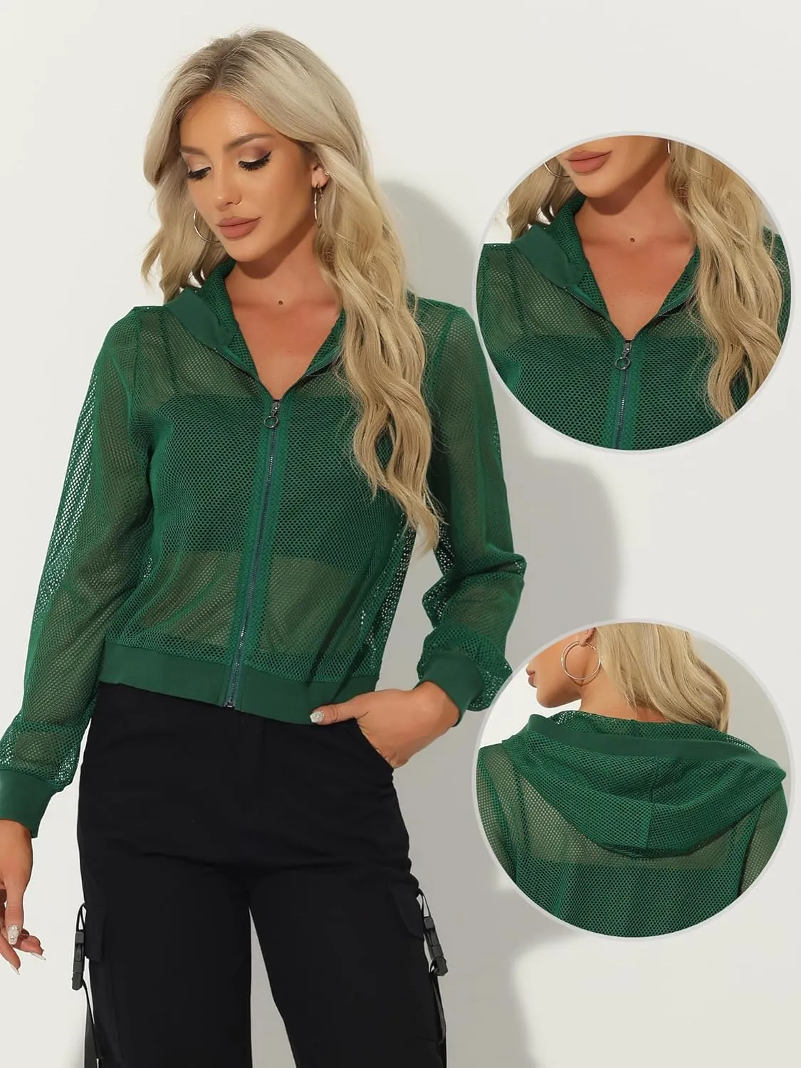 Allegra K Hoodie Jacket for Women's 2024 Zip Up Long Sleeve Mesh Sheer Bomber Jackets
