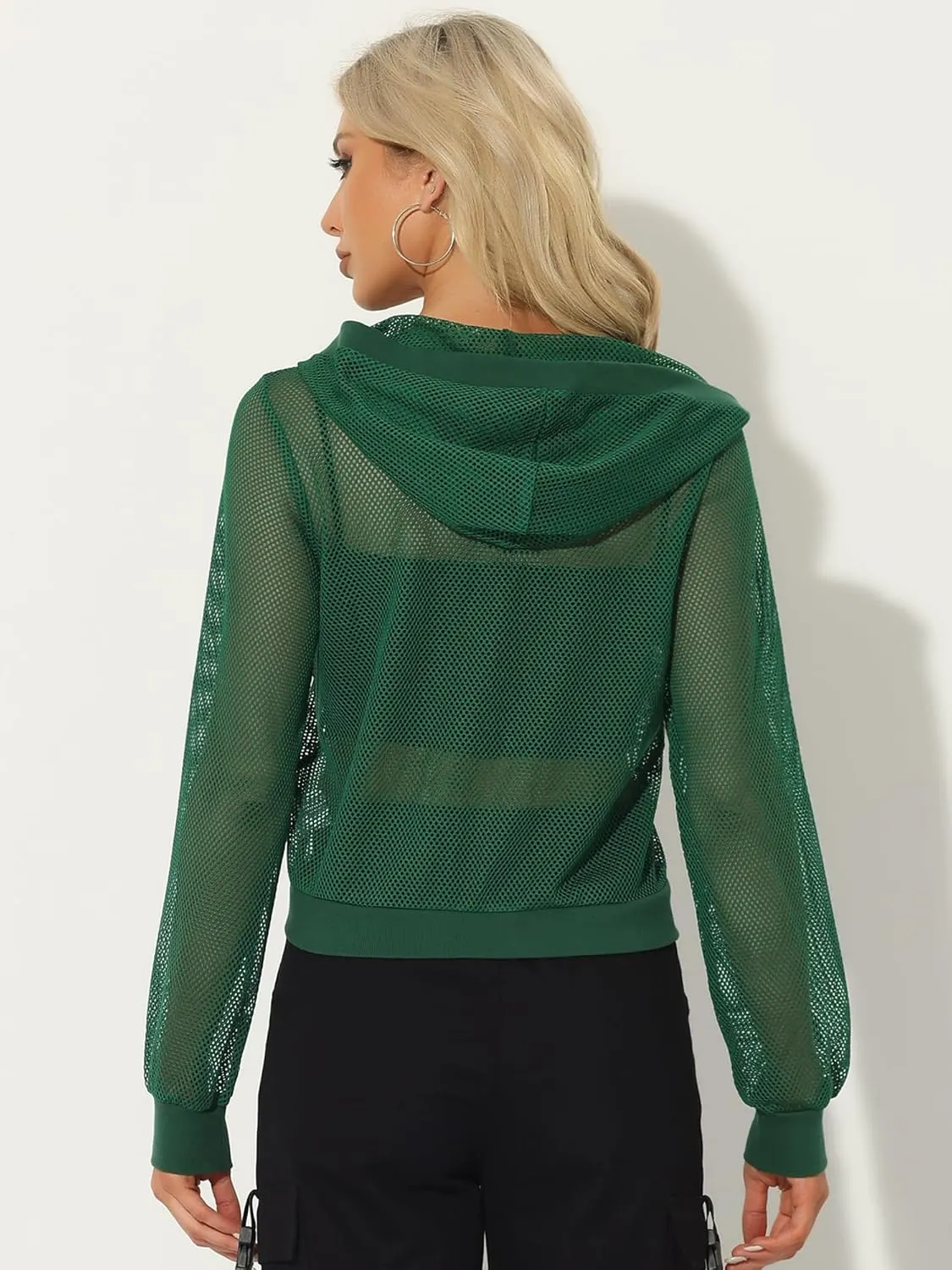 Allegra K Hoodie Jacket for Women's 2024 Zip Up Long Sleeve Mesh Sheer Bomber Jackets