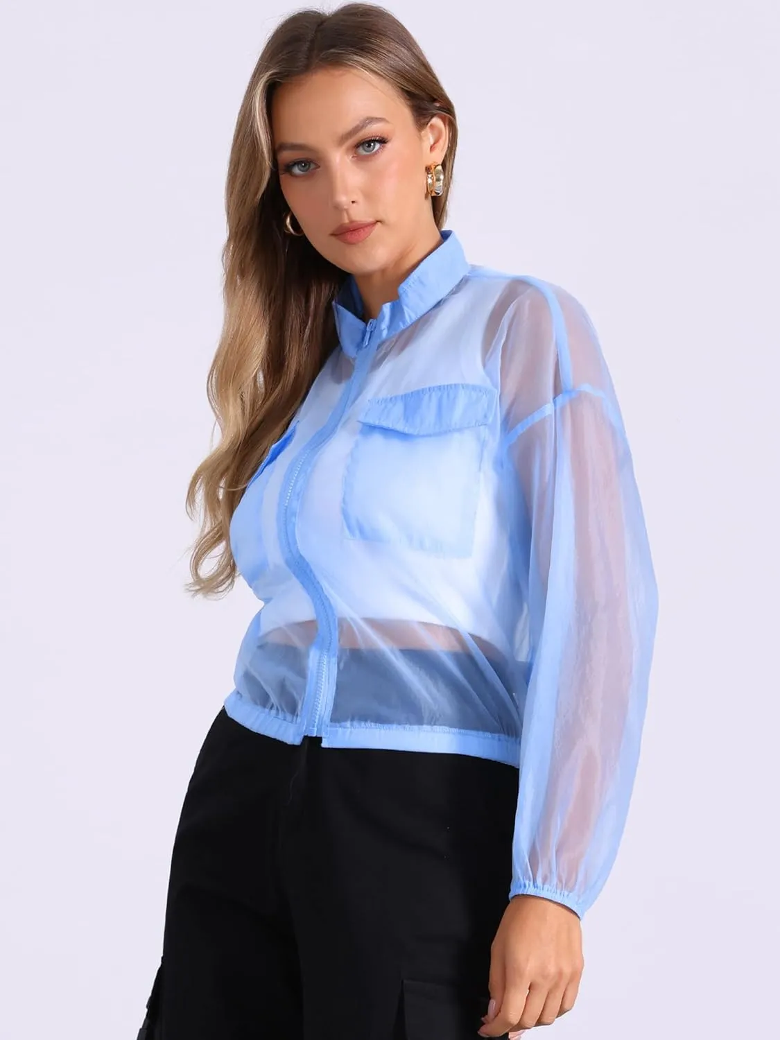 Allegra K Sheer Bomber Jacket for Women's Zip Up Long Sleeve See Through Jackets