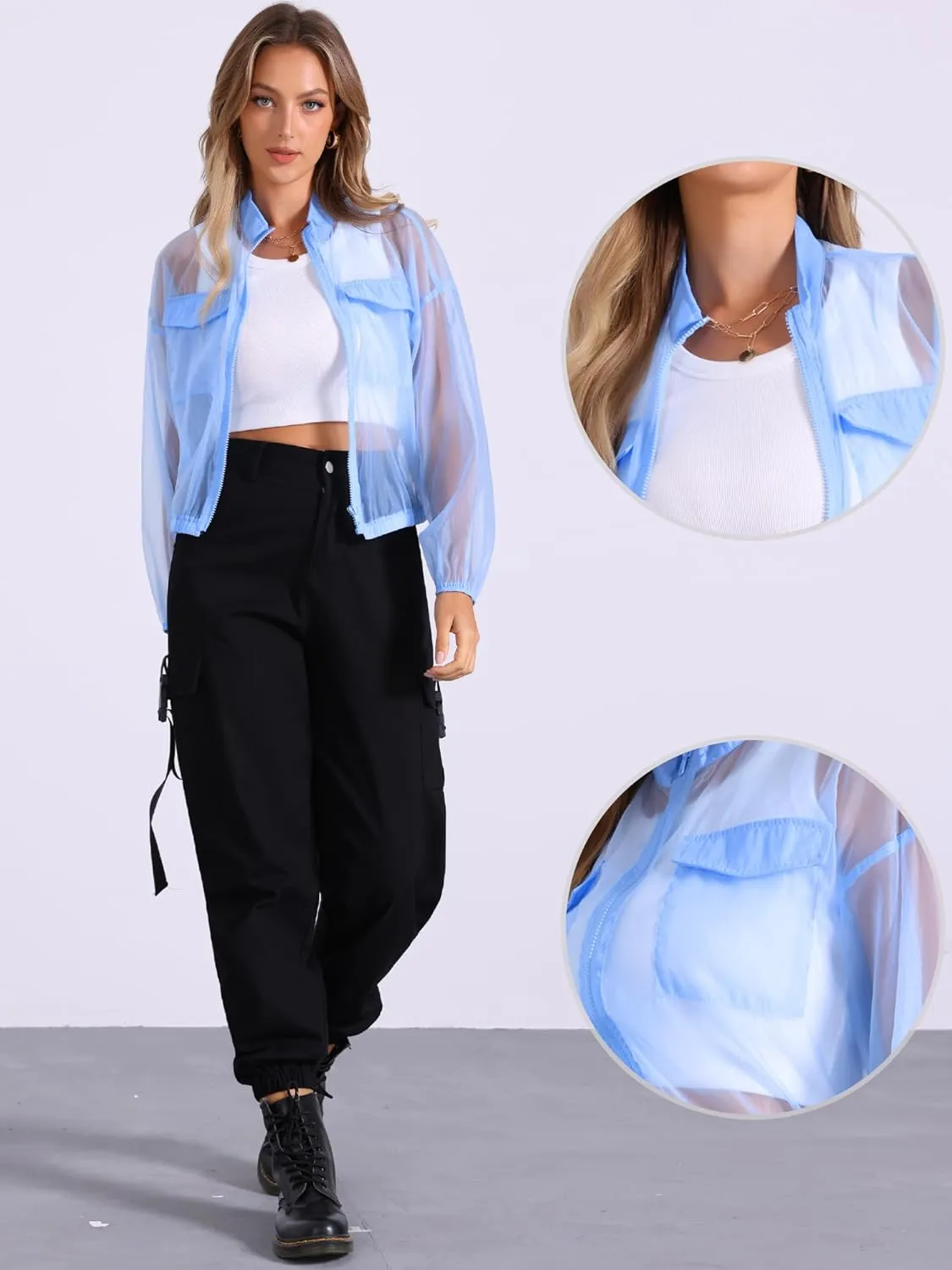 Allegra K Sheer Bomber Jacket for Women's Zip Up Long Sleeve See Through Jackets
