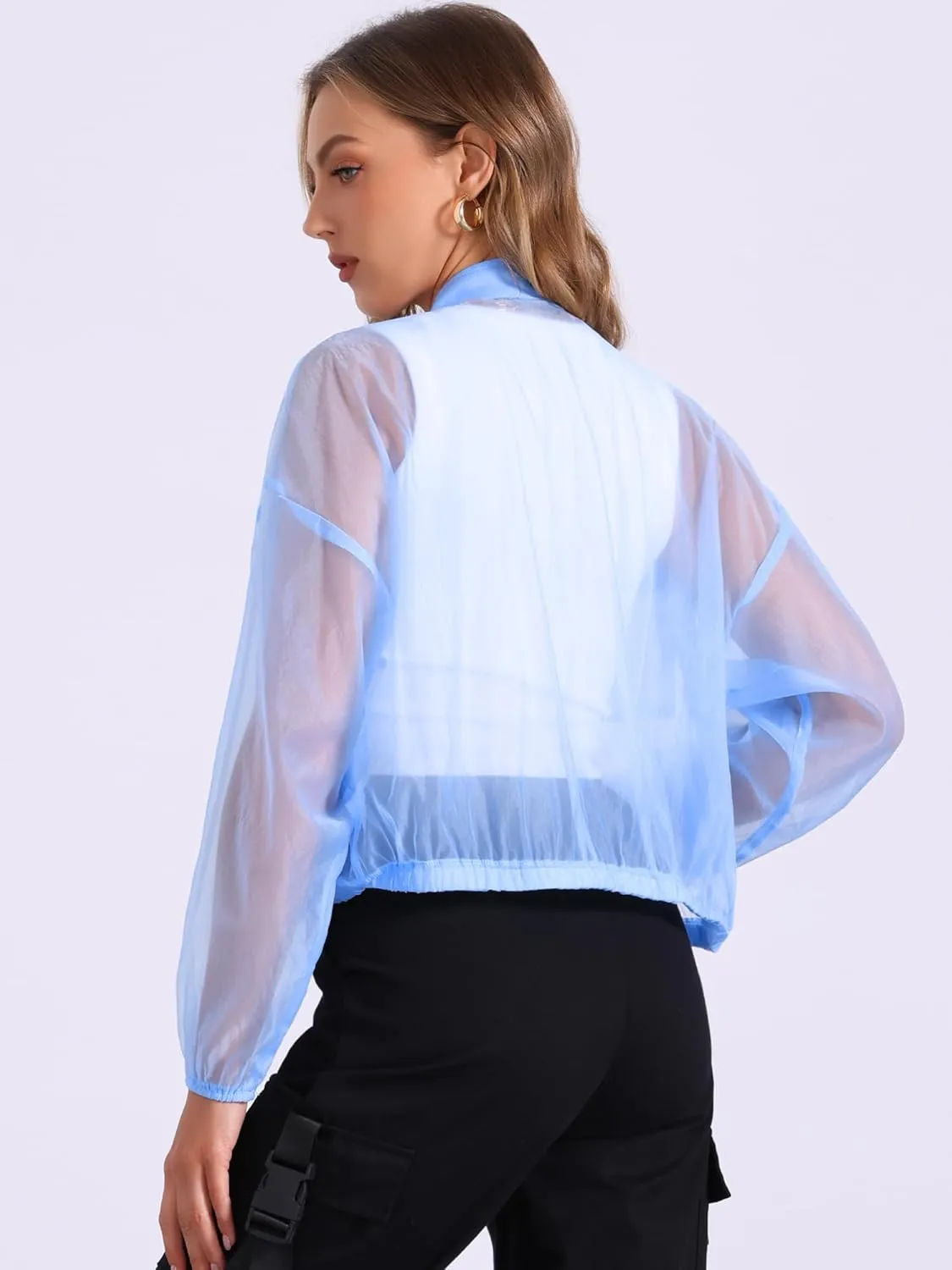 Allegra K Sheer Bomber Jacket for Women's Zip Up Long Sleeve See Through Jackets