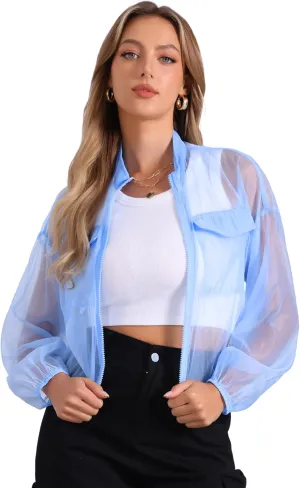 Allegra K Sheer Bomber Jacket for Women's Zip Up Long Sleeve See Through Jackets
