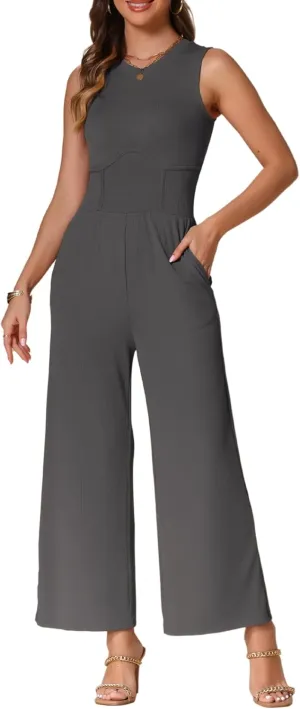 Allegra K Summer Jumpsuit for Women's Dressy Casual One Piece Outfits Sleeveless Crewneck Wide Leg Pants